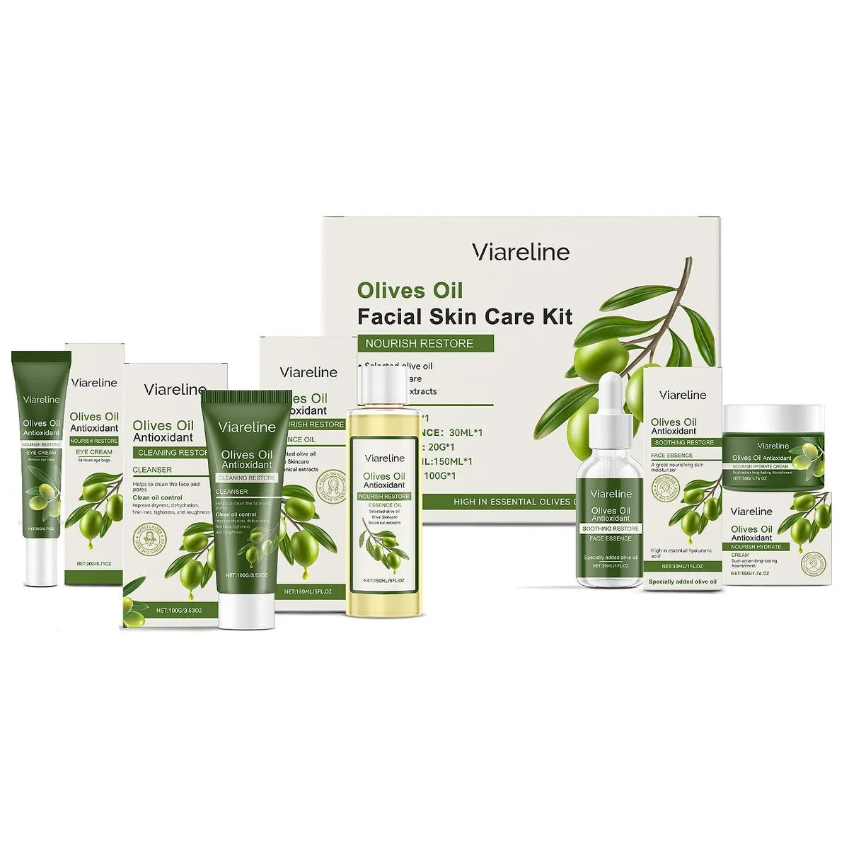 Olive Oil Facial Kit with Cleanser Face Cream Serum Eye Cream Essential Oil