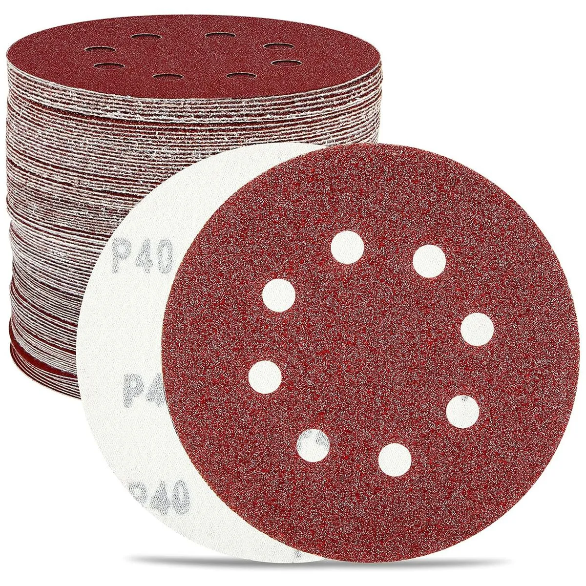 100 PCS Sanding Discs Set 5 Inch 8 Holes Hook and Loop Sandpaper Assortment - Red
