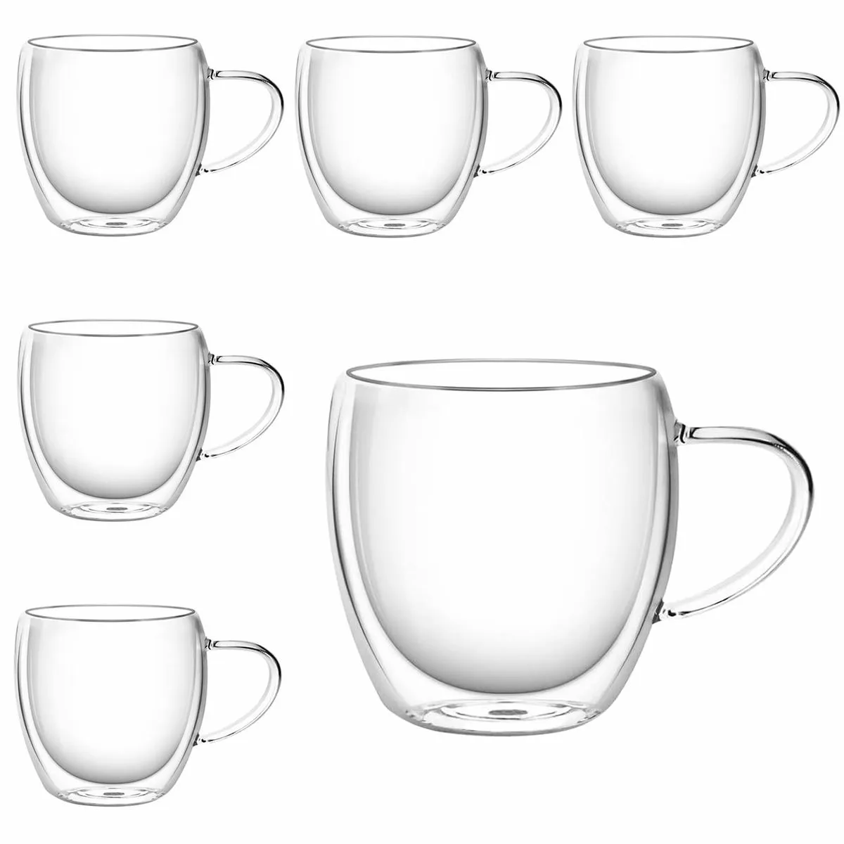 6Piece Double Wall Coffee Mugs, 8 oz Clear Glass Coffee Mug Set with Handle