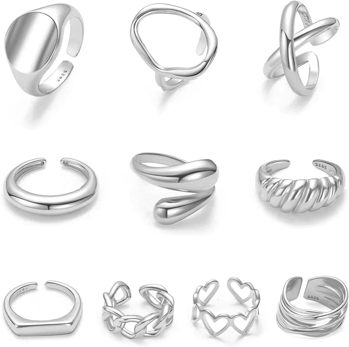 10PCS Gold Dome Chunky Rings for Women Adjustable Open Ring Band - Silver