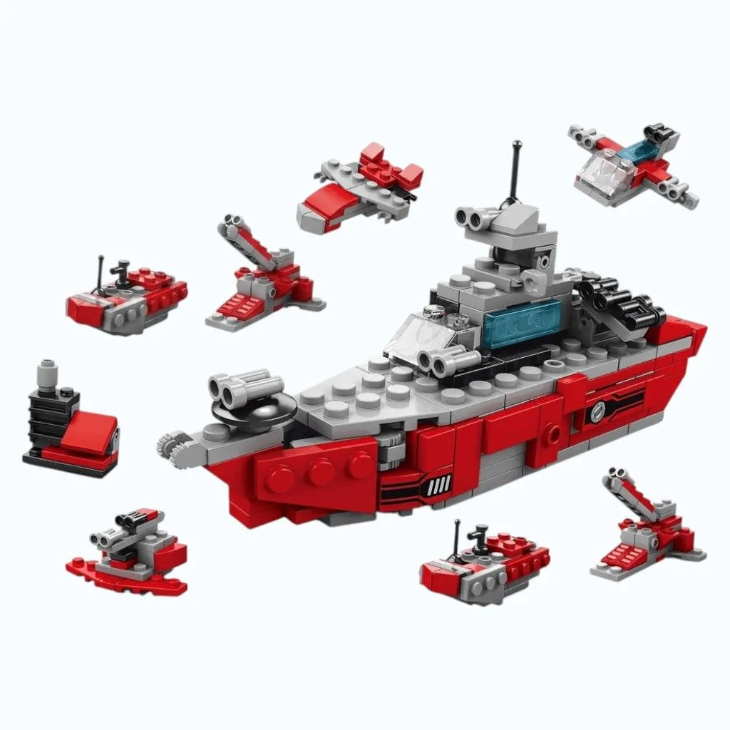 138 Piece - Battleship & Mini Vehicles Toy Kit - Red & Grey