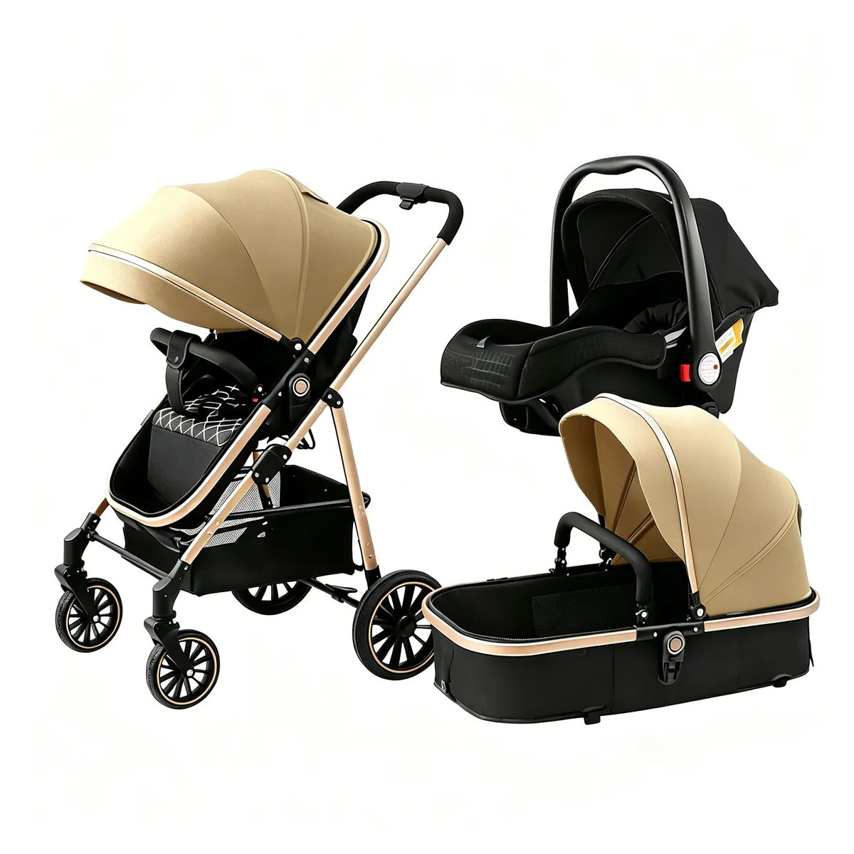 3 in 1 Baby Stroller, Newborn Infant Toddler Convertible Pram Stroller - khaki
