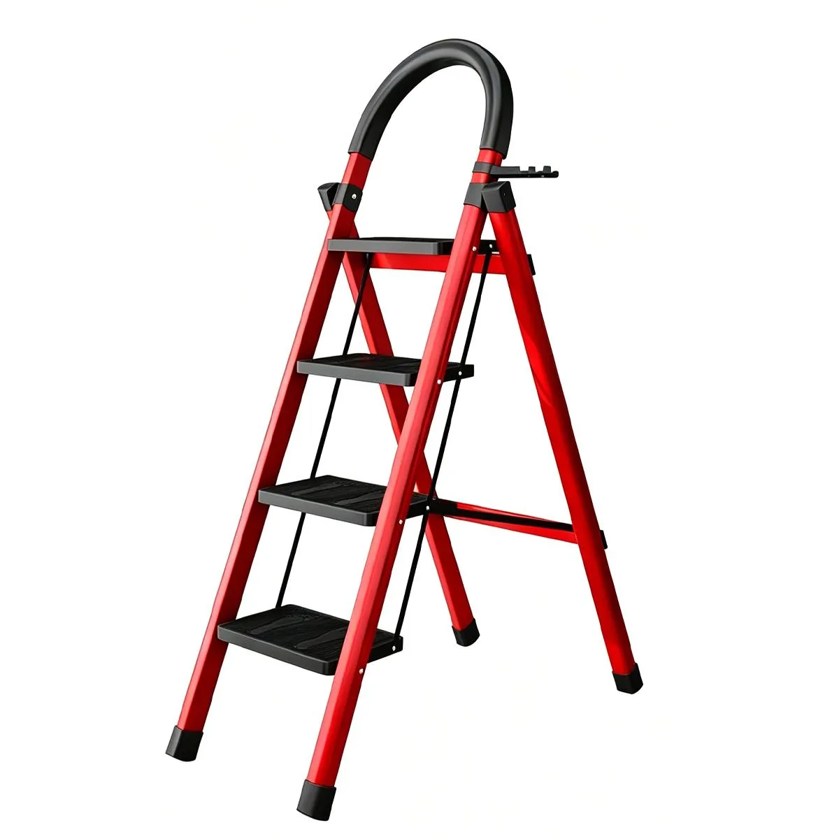 4-Step Stainless Steel Folding Step Ladder with Handgrip Non-Slip - Red