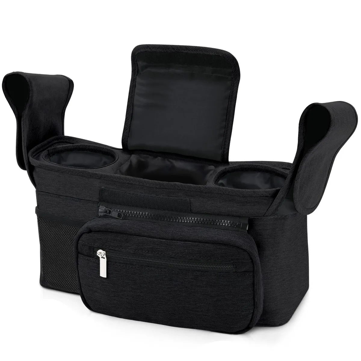 Universal stroller bag with insulated cup holder detachable shoulder strap - Black