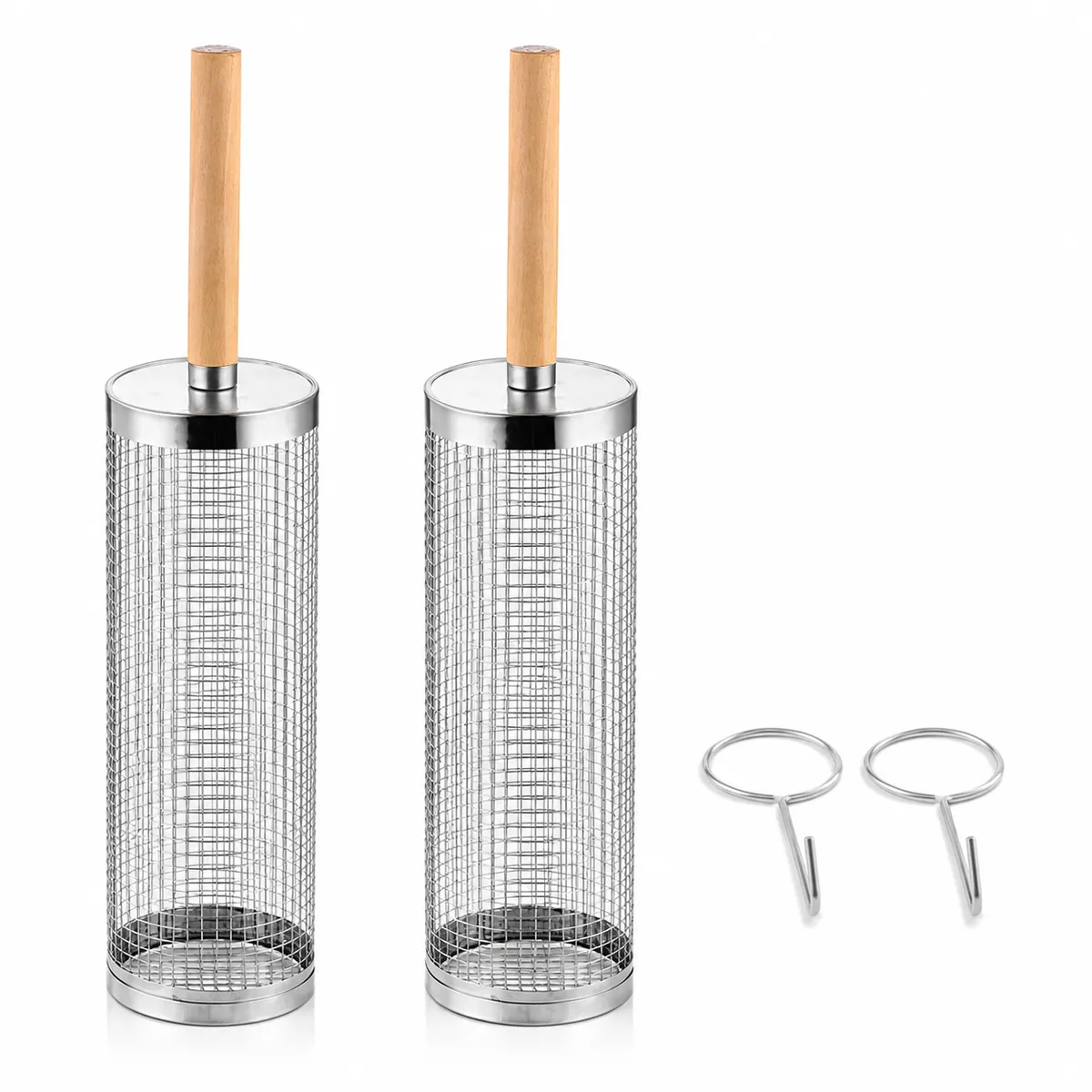 2-Pack Stainless Steel BBQ Grill Basket Tubes with Anti-Scald Hooks