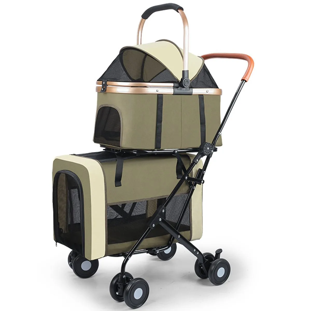 Double Pet Stroller Green 2 Detachable Carrier Cages, Portable Dog Strollers
