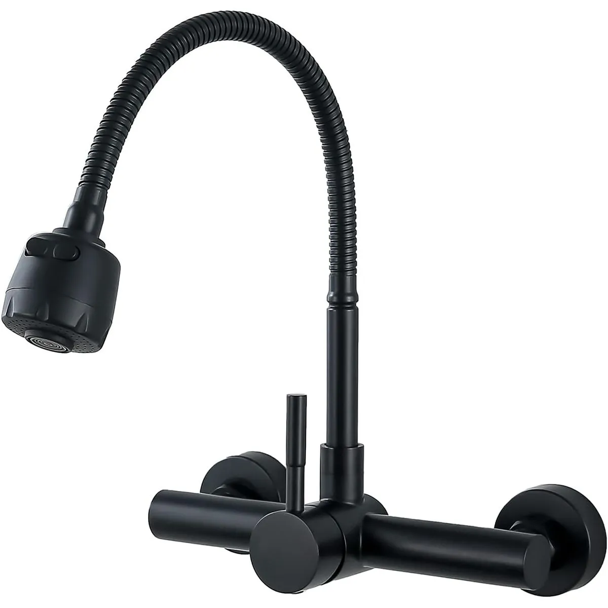 304 Stainless Steel Wall-Mounted Kitchen Faucet - Dual Spray Swivel Spout - Black