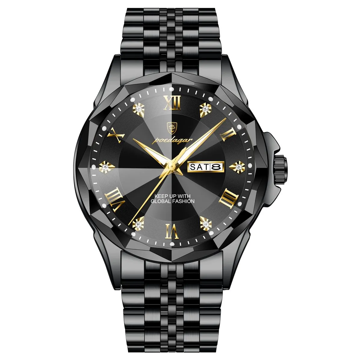 698 Poedagar Fashion Luxury Waterproof Luminous Date Week Quartz Men Watch - Black