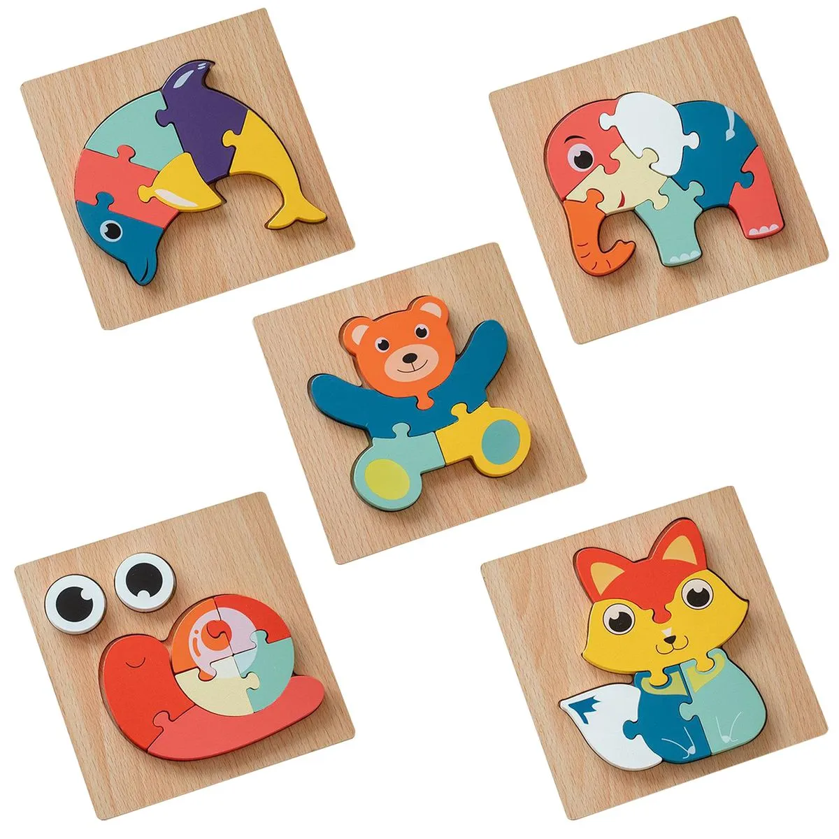 Wooden Jigsaw Animals Puzzles For Kids Educational Preschool Toys - 5 Pack