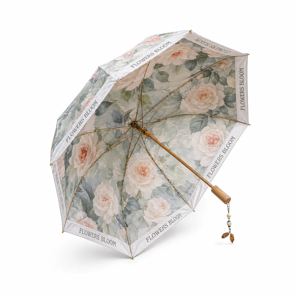 Double-Layer Floral Sun Umbrella with UPF 50+ Protection & Wooden Handle - Early Spring