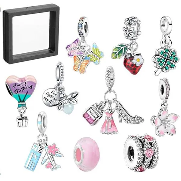 European Charm Bead Set For Bracelet Necklace With Storage Box Silver 10PCS