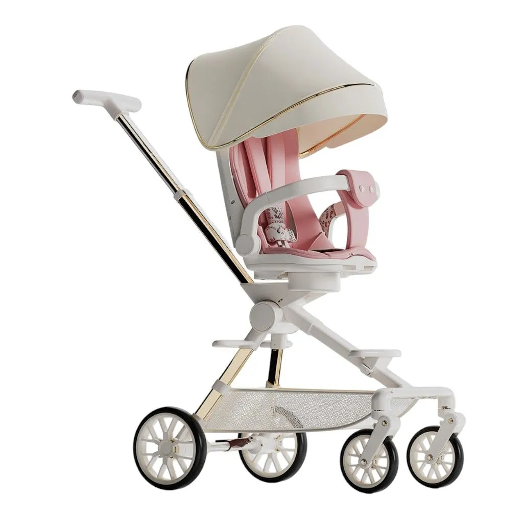 Luxury Foldable Baby Stroller with Canopy & Push Handle - Pink