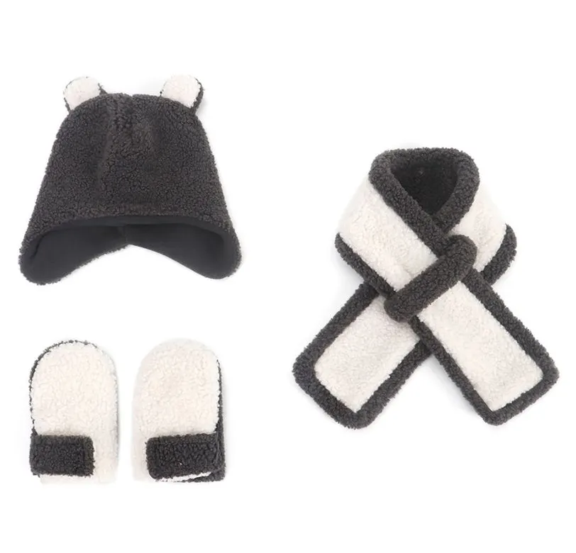 Warm Flannel Children's Hat Scarf And Gloves 3-Piece Set - Grey