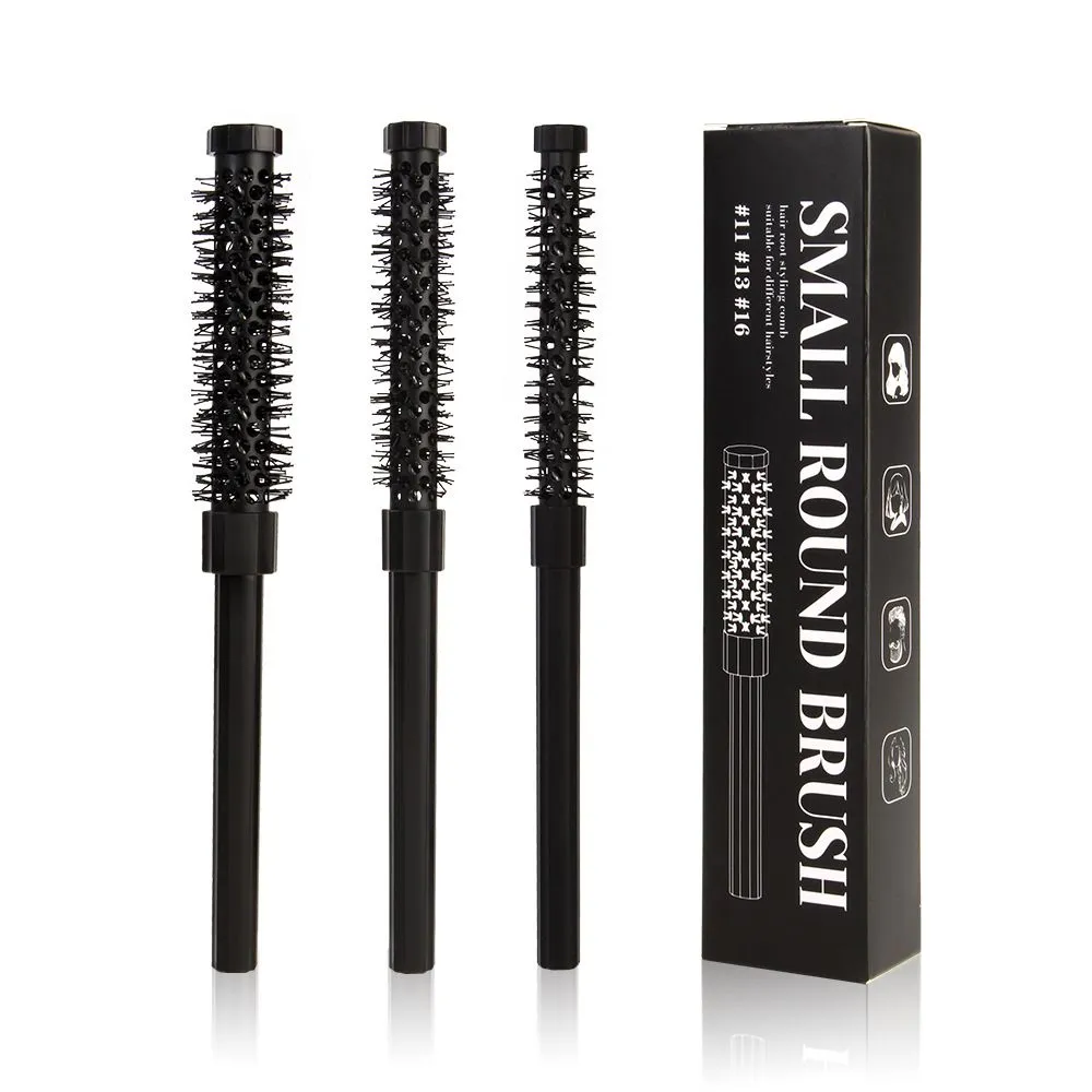 XRK 3 Piece Small Round Brush Set for Blow Drying, Blowout Roller Hairbrush - Black