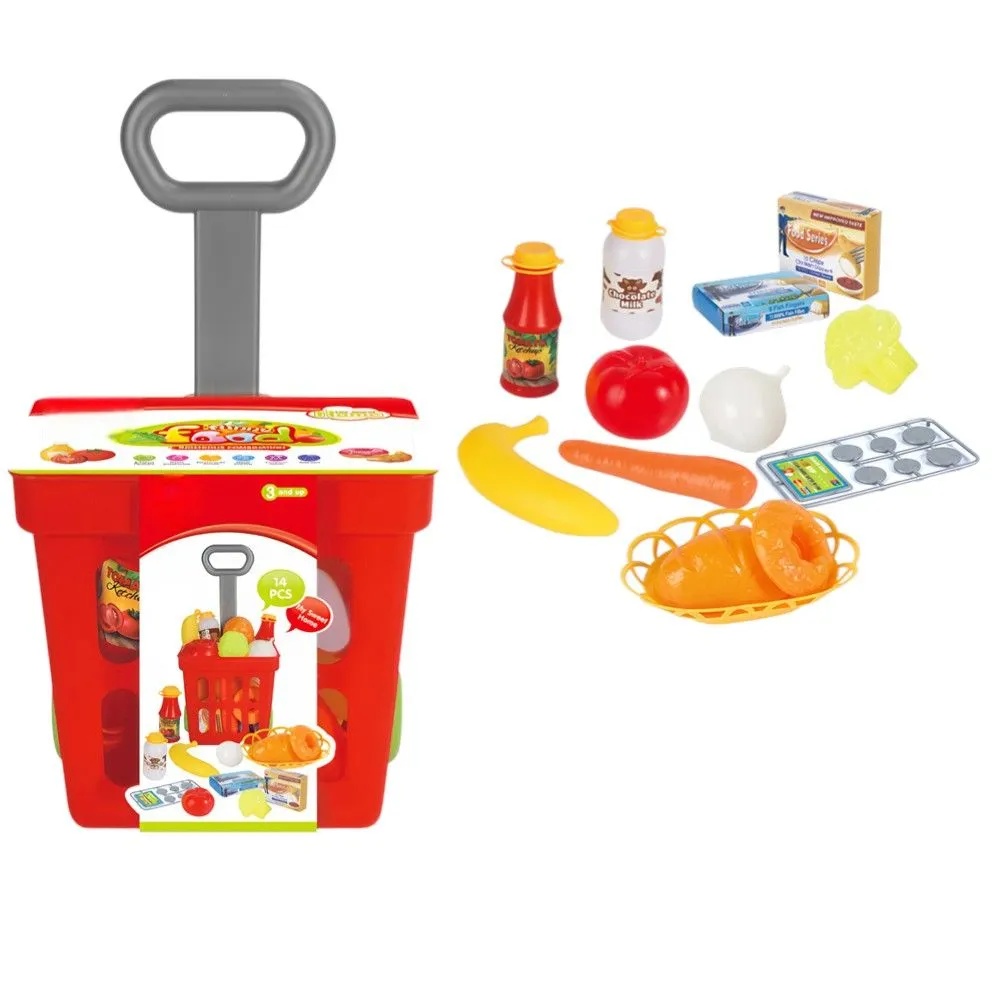 14-piece Kids Shopping Cart Playset with Assorted Groceries & Play Money