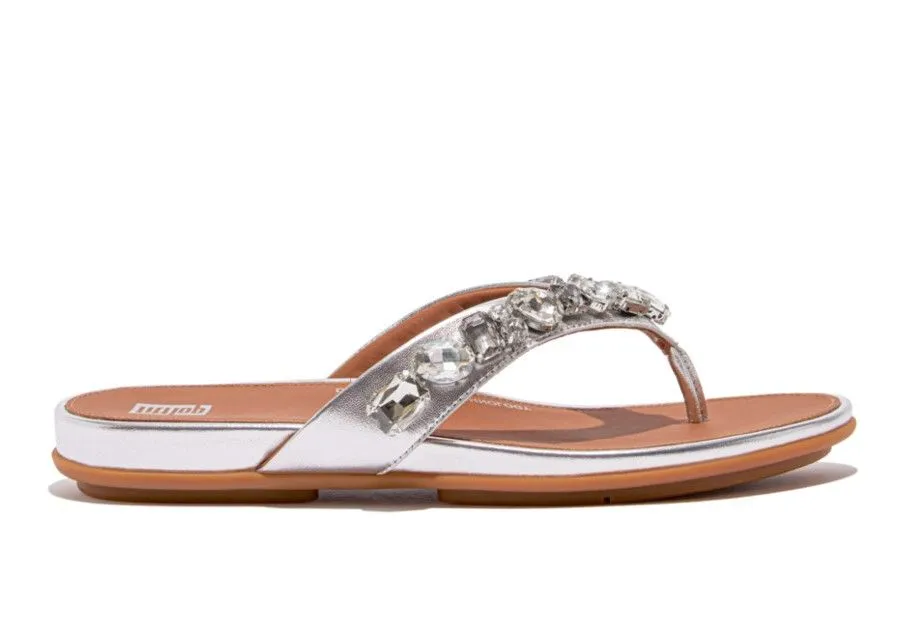 FitFlop Gracie Jewel-Deluxe Metallic-Leather Flip - Flops Silver