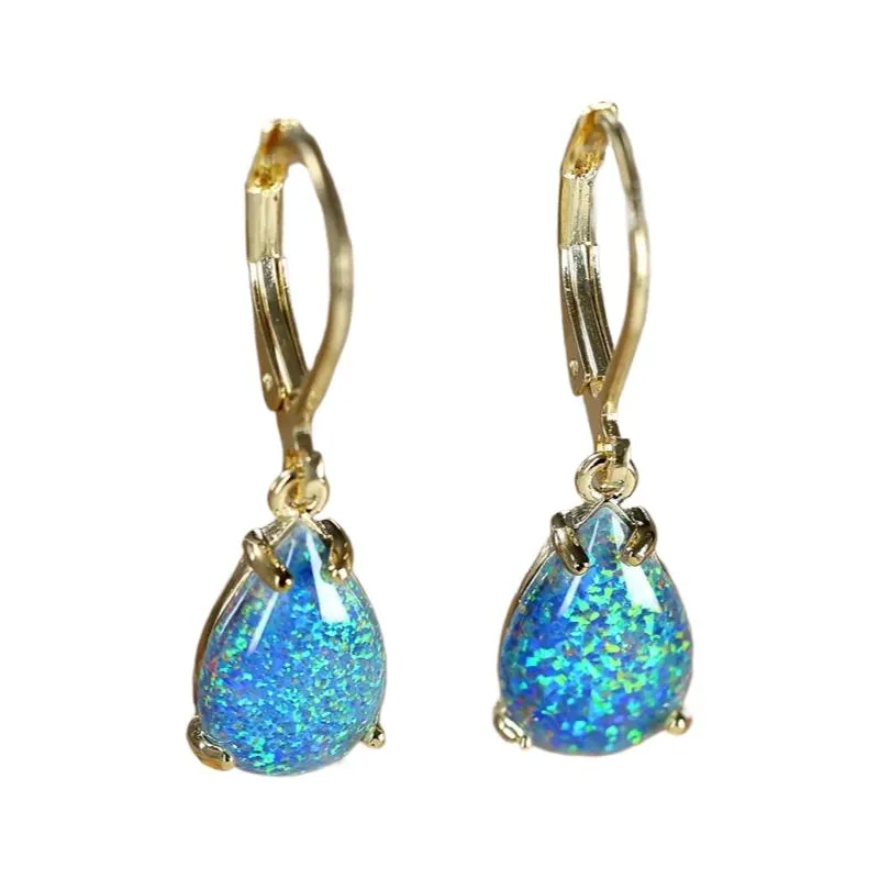 Gold Tone Pear Cut Blue White Drop Earrings - Blue Opal
