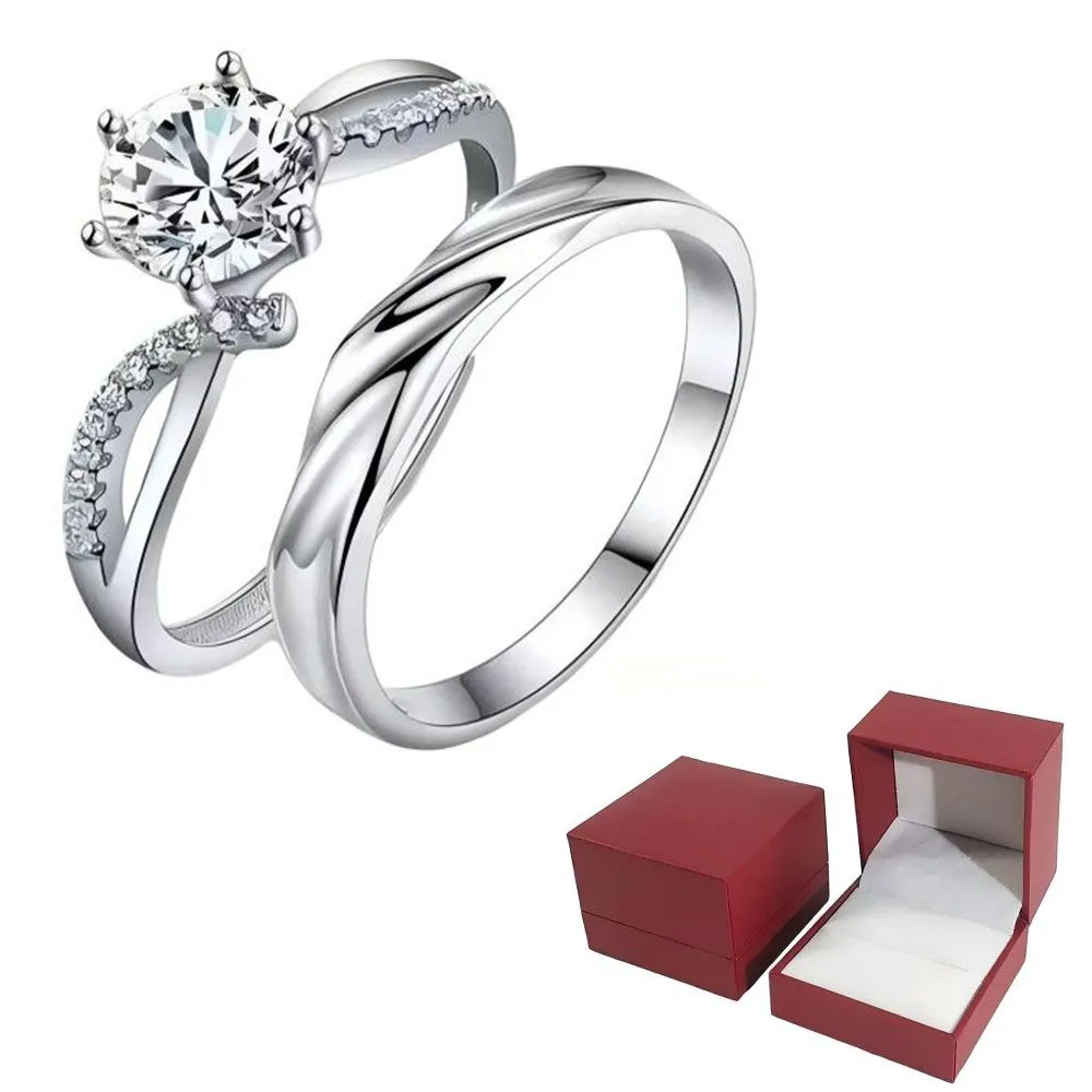 Two-Piece Wedding Engagement Ring Set-Adjustable Size-Gift Box