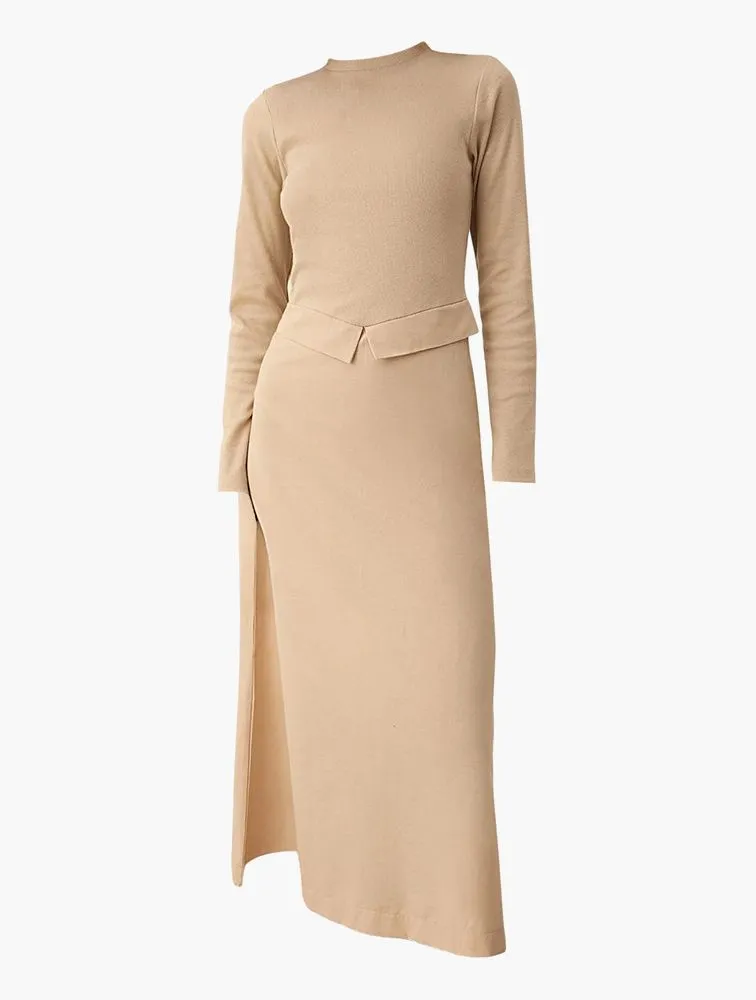 Ribbed Crew Neck Long Sleeve Maxi Dress