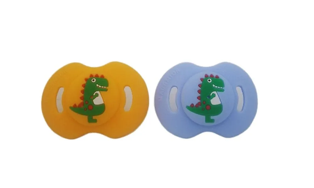 Funny Dummy Pacifiers For Babies - 2 Pack Silicone T-Rex Design - Blue & Yellow