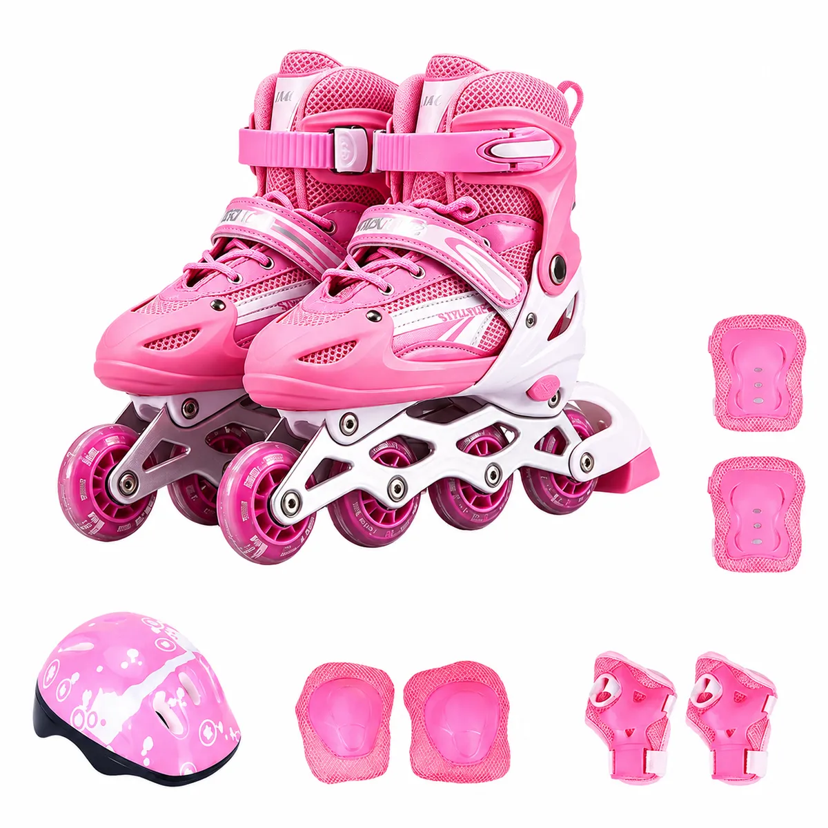 Kids Adjustable Inline Roller Skates Size S 31-34 with Helmet and Pads Set