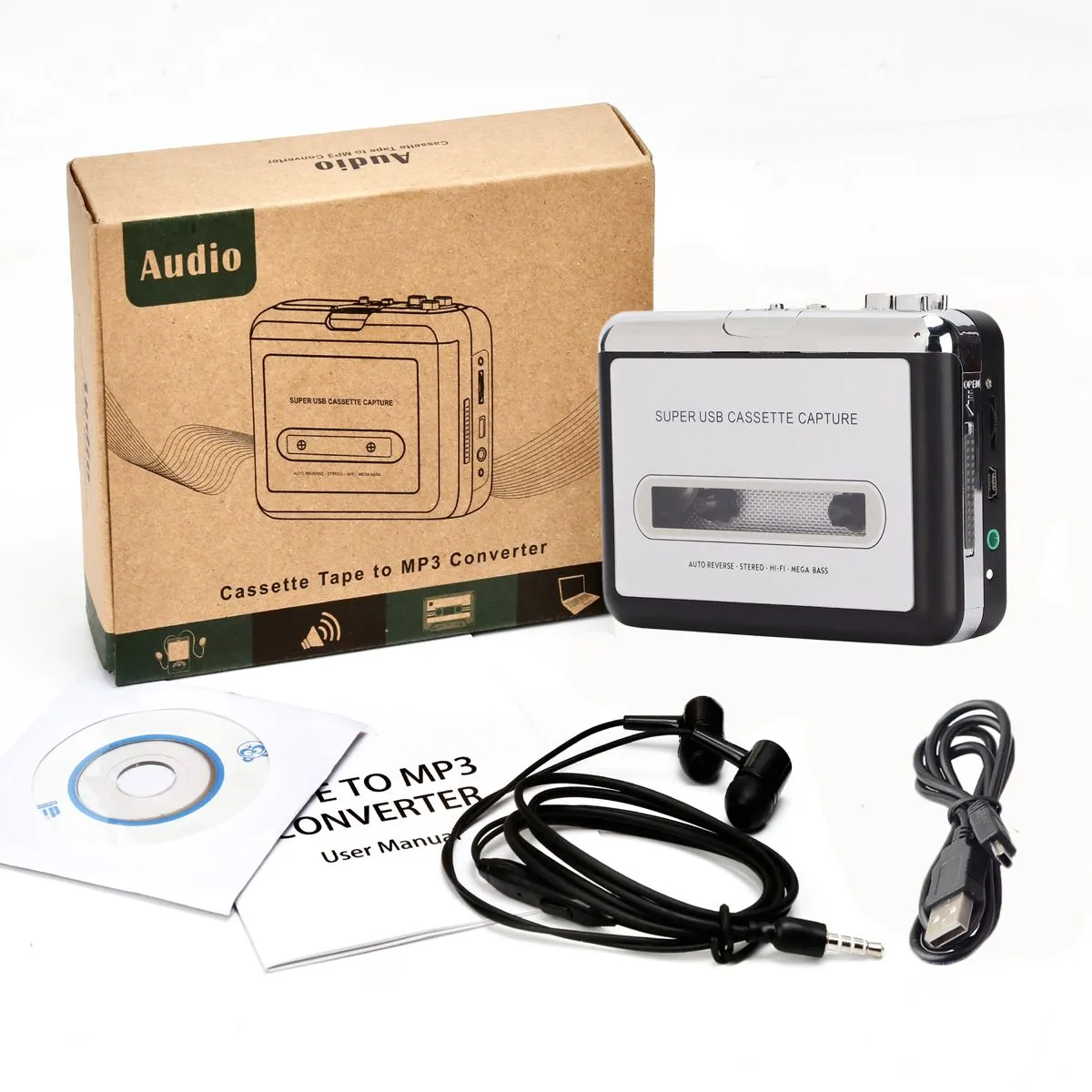 Portable cassette player, converts cassettes to CDs or MP3s,plug and play