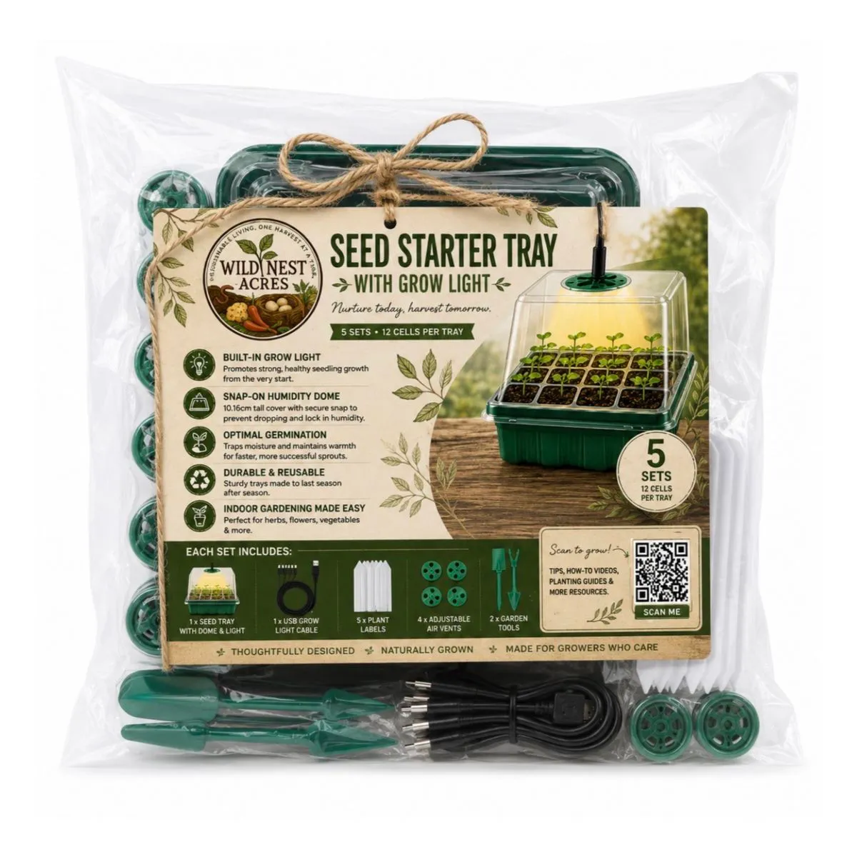 Seed Starter Tray Kit with Grow Light - 5 Pack (60 Cells)
