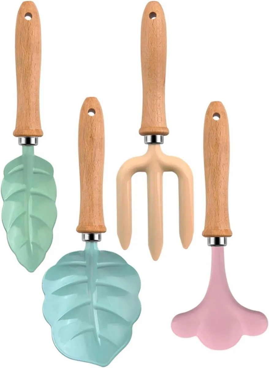 4 Pc Kids Gardening Accessory Set Wooden Handles Beach Play Outdoor Toys