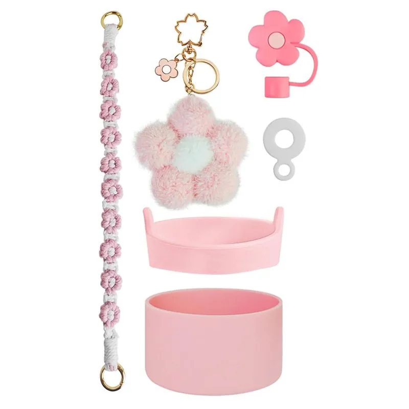 Cup Accessories Set Flower Shaped Keychain for Cup Tumbler - 6 Piece - Pink