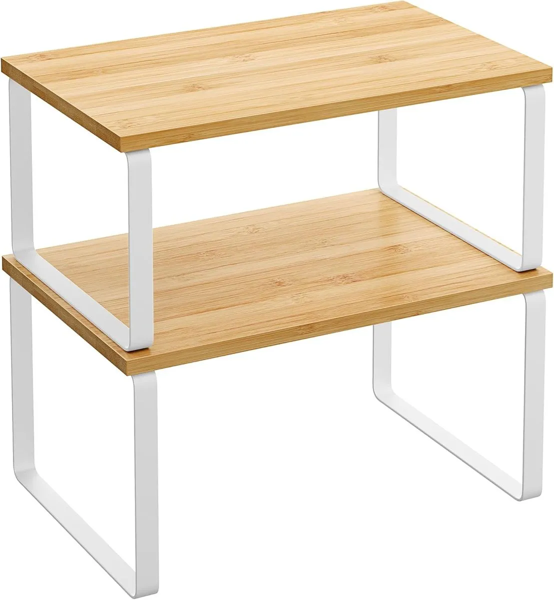 Stackable Metal & Bamboo Cabinet Shelf Organizers - Set of 2