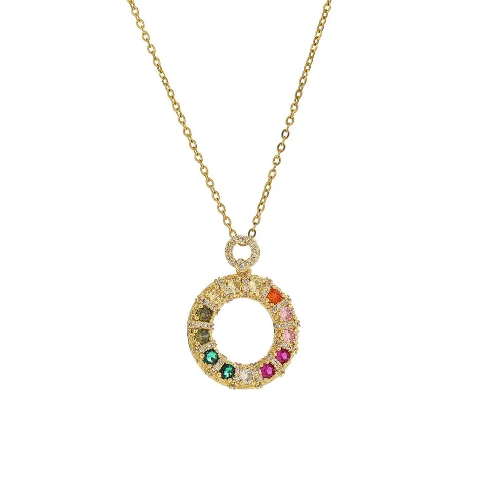 Gold-Plated Multicolour Rainbow Crystal Circle Pendant Necklace