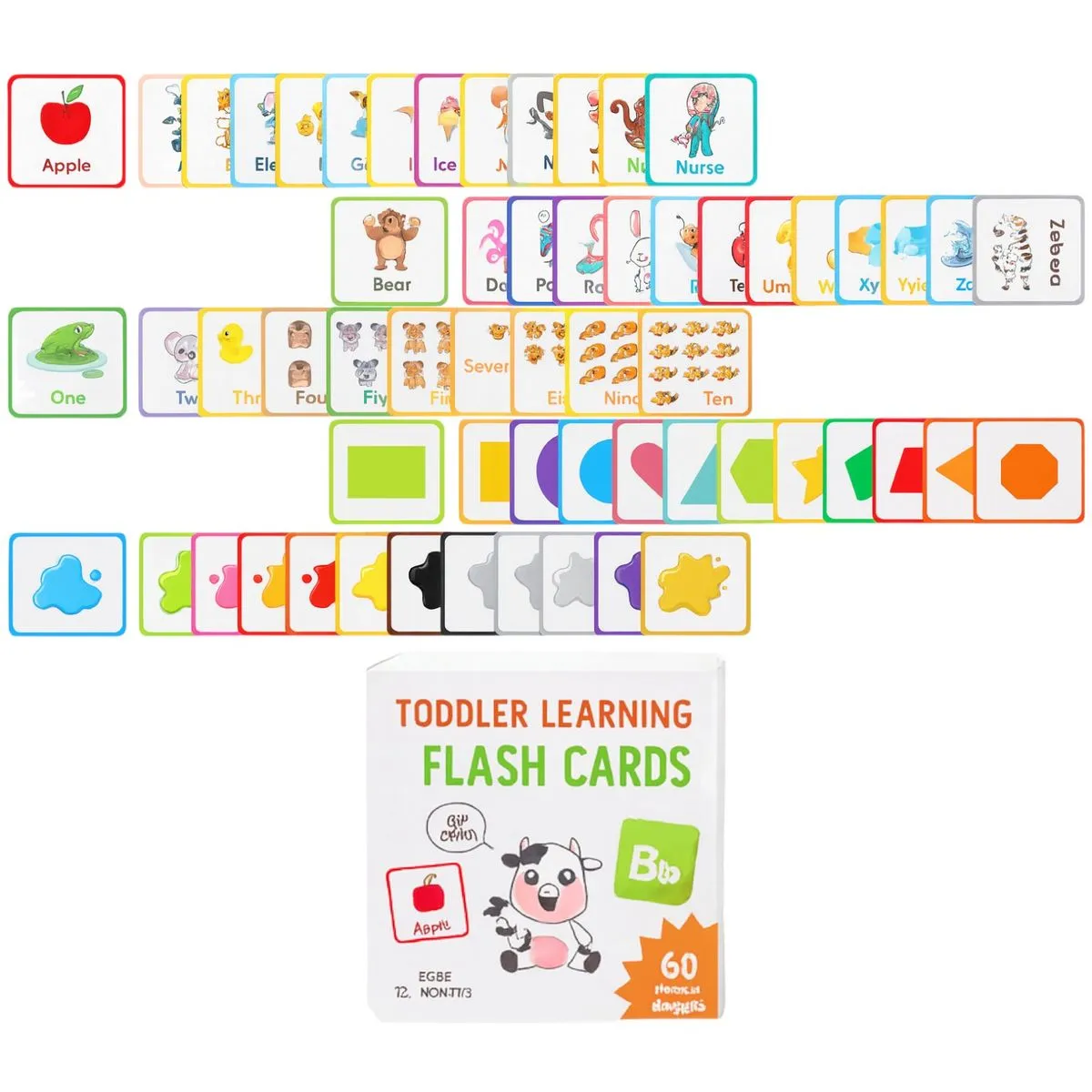 60 Piece - Educational Flash Card Set For Toddlers - Multi-Color