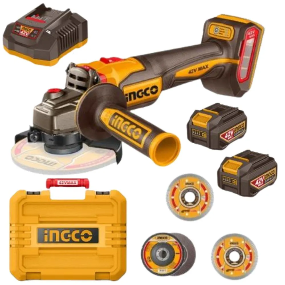 Ingco - Cordless Angle Grinder (42V) with 2x Batteries, Charger & 29 Discs