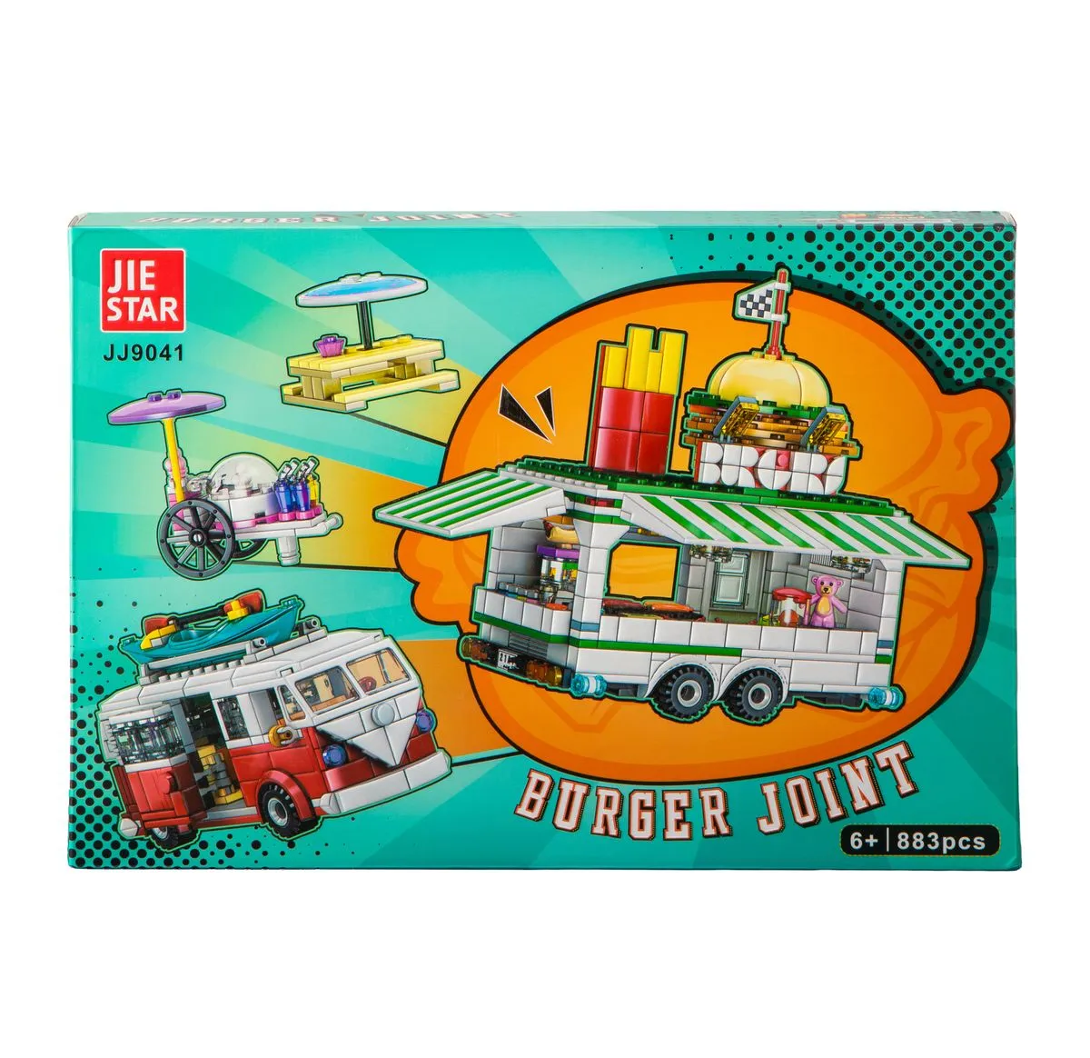 Jie Star Classic Camper Van & Burger Joint Trailer (883 Pieces) - 38cm Long