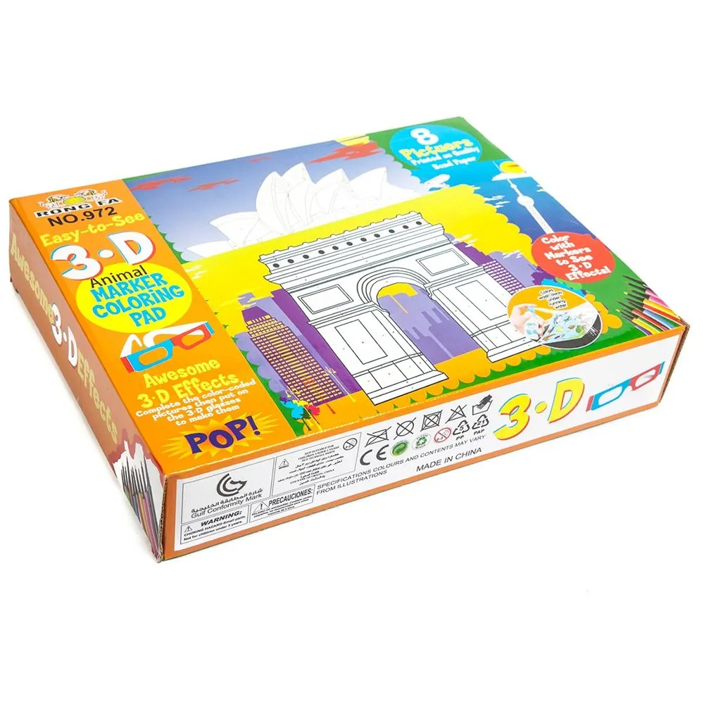 3D Colouring Set with 12 Markers, 3D Glasses & Spray Bottle (Landmarks)