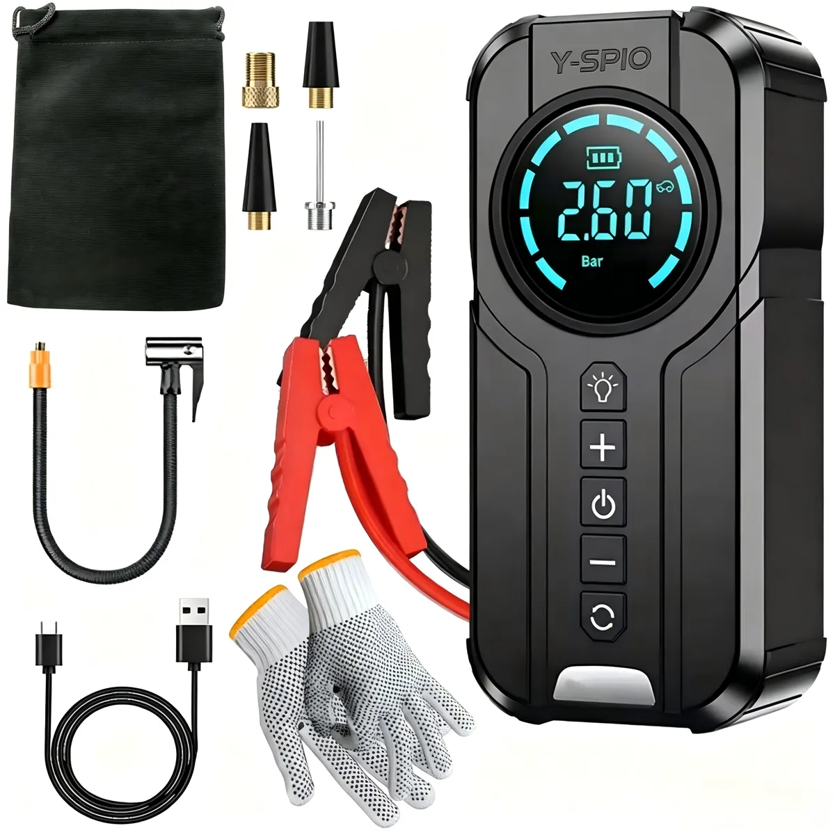 8000mAh 4-in-1 Car Jump Leads Booster, Inflator, Power Bank & Light Y-SPIO