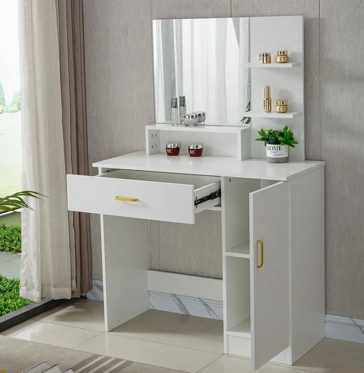 Dressing Table with Mirror Makeup Vanity Desk with Storage Drawer & Cabinet