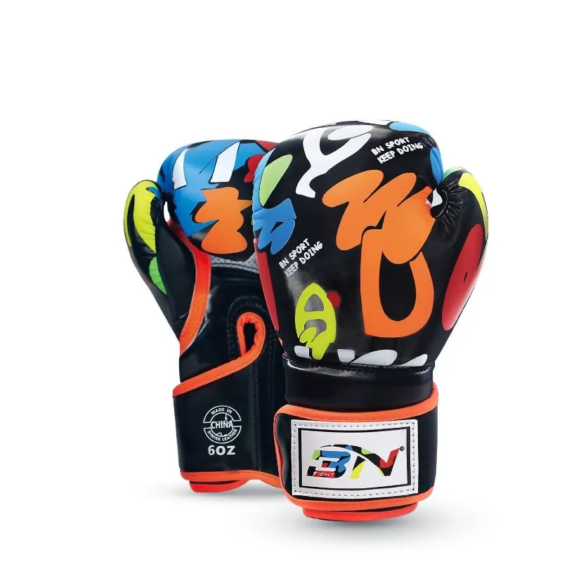 6OZ Kids Doodle Print MMA Boxing Muay Thai Gloves - Black