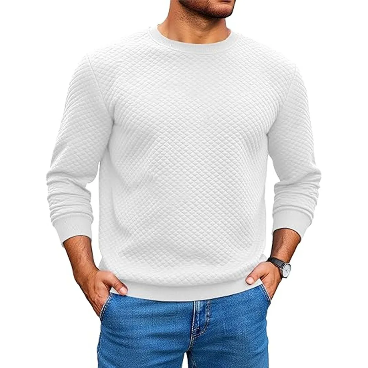Cardigans Crewneck Sweater Pullover Waffle Knit Long Sleeve For Man White