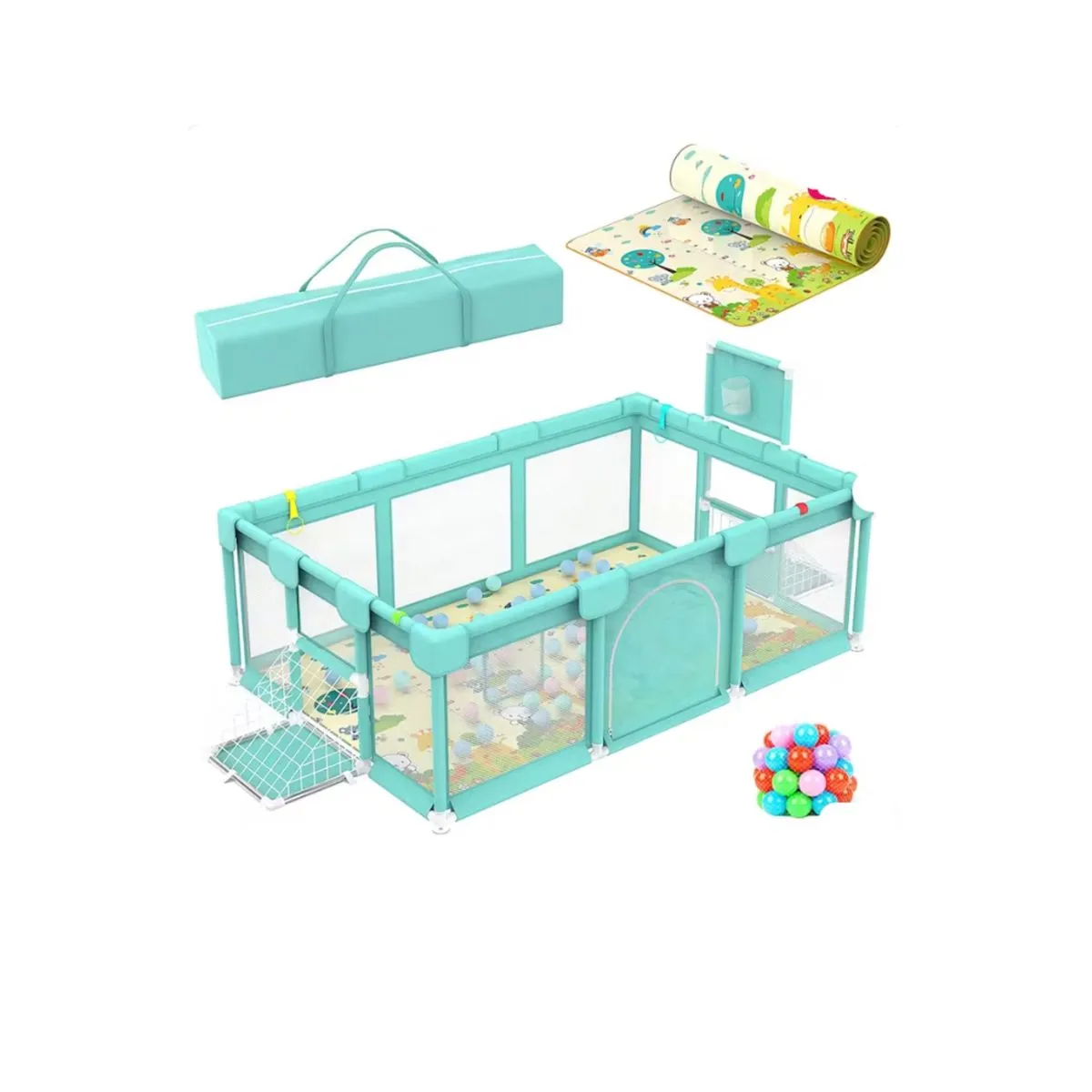 Large Baby Playpen with Pull-Up Rings, 30 Balls and Play Mat-Green