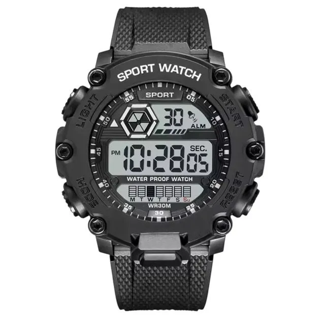 Waterproof 30mm Digital Watches for Men Sport Stopwatch - Black