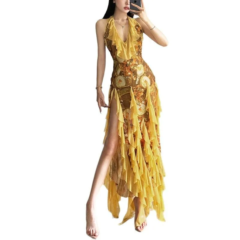 Deep Neck Ruffle Edge Backless Printed Dress