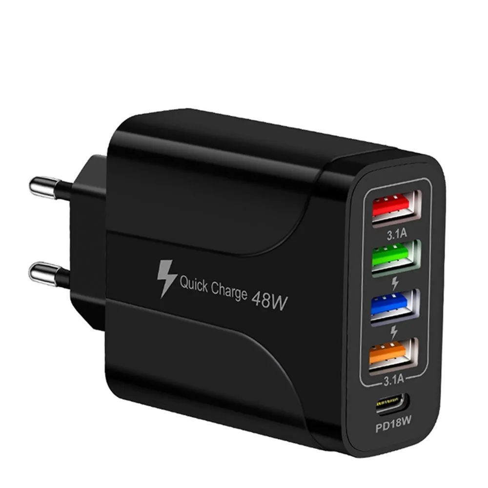 Black 48W USB Wall Charger Adapter