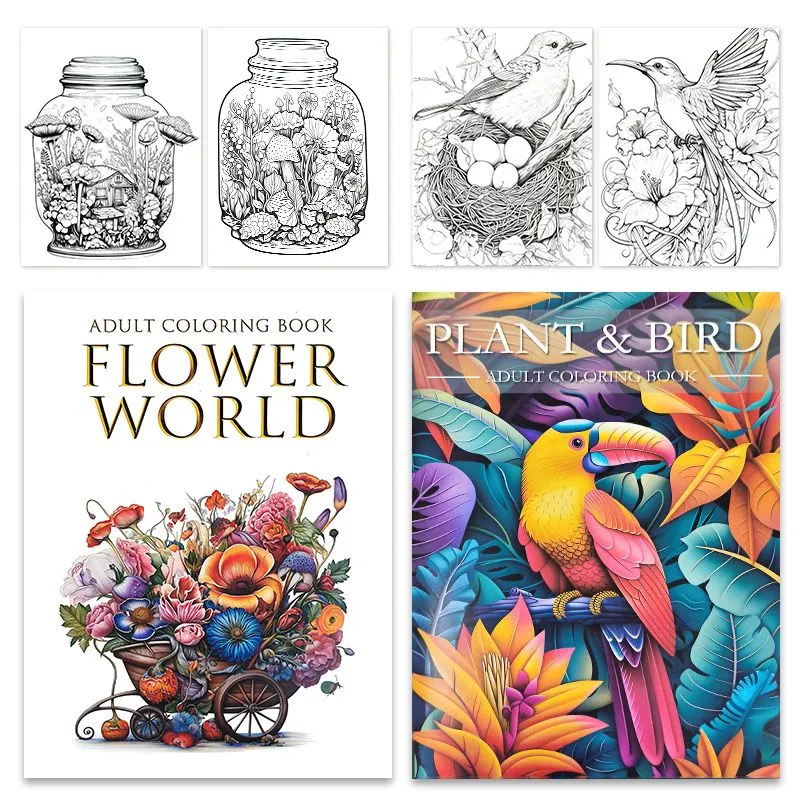 Stress Relief,Flower World & Plant & Bird Thickened Paper ColoringBooks Set