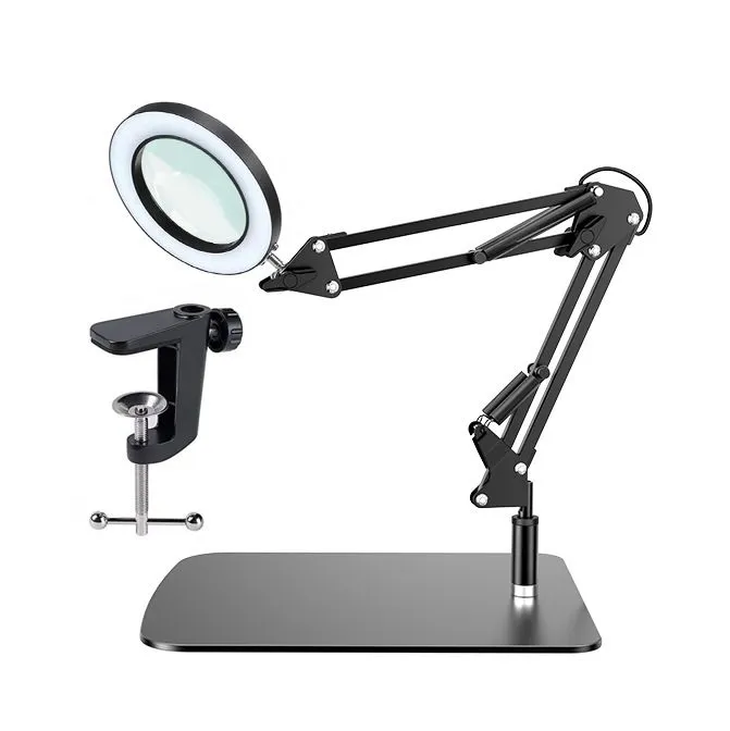 LED Long Arm Magnifying Desk Lamp for Soldering Repair - Black