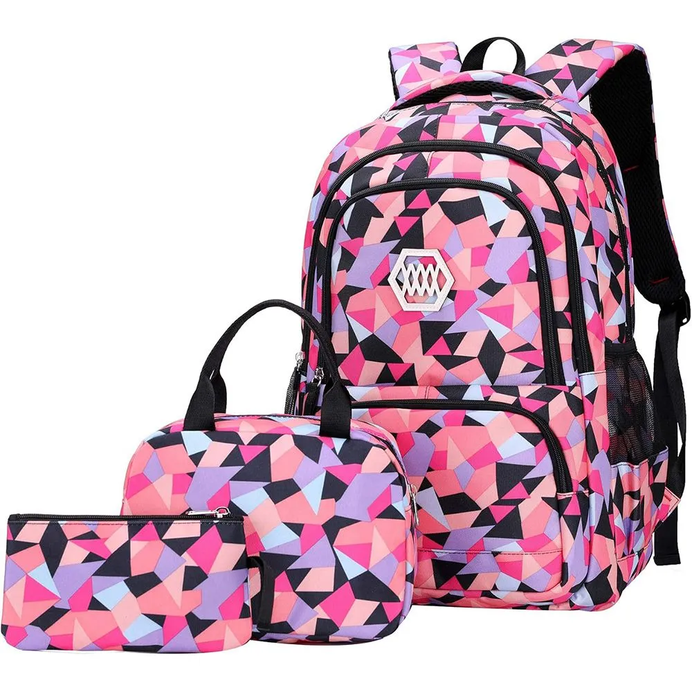 Backpack 3 Pieces Set Geometric Prints Waterproof Schoolbag - Black
