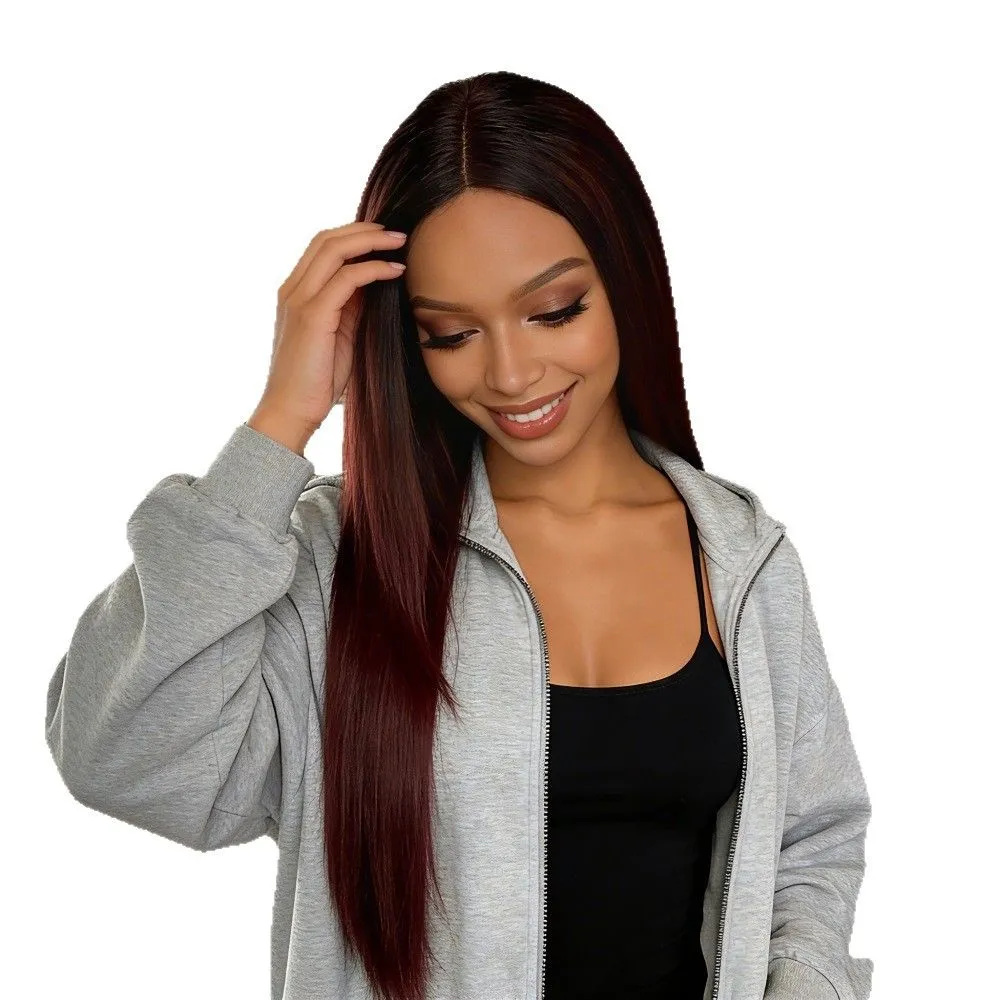 25.5-inch Long Straight Ombre Burgundy Lace Wig - Edgy & Versatile