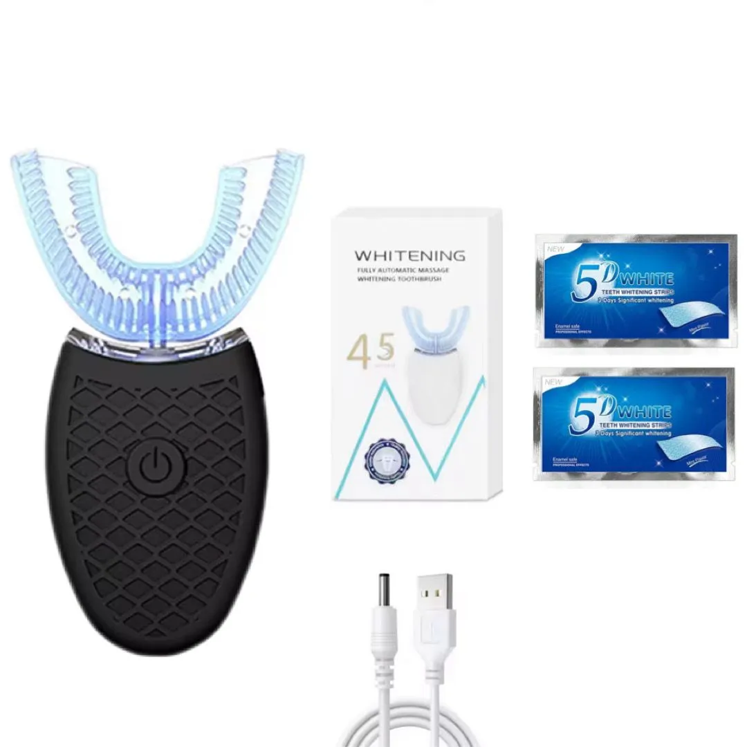 Premium U-Shape Auto Sonic Toothbrush Set with 2 Whitening Strips - Black