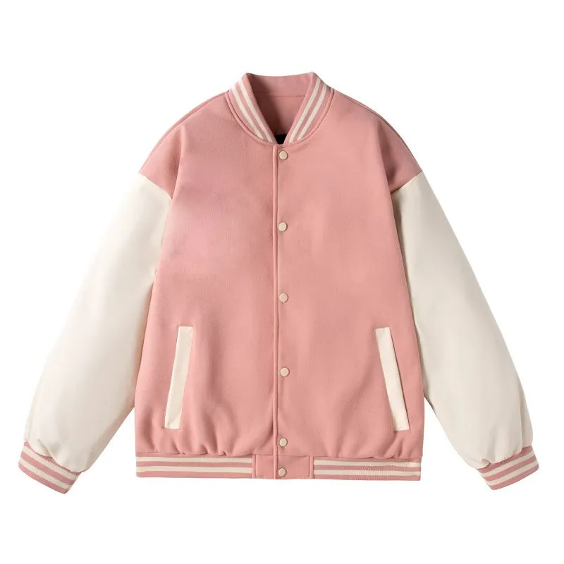 Pink And White Color Block Striped Rib Varsity Jacket