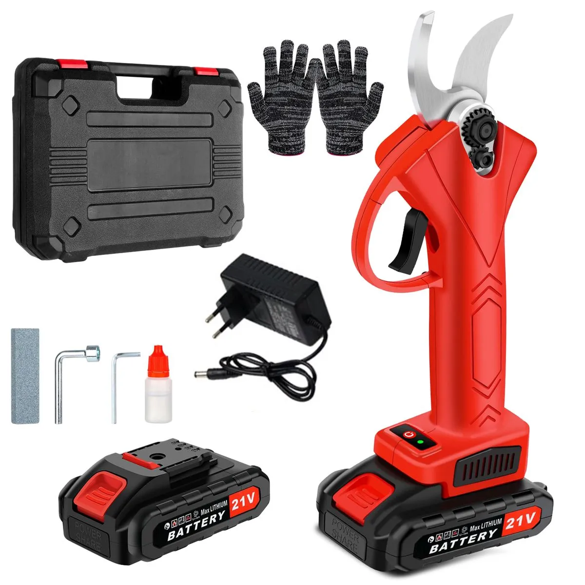 Red 21V Cordless Electric Pruning Shears With Gloves, 2 Batteries & Case